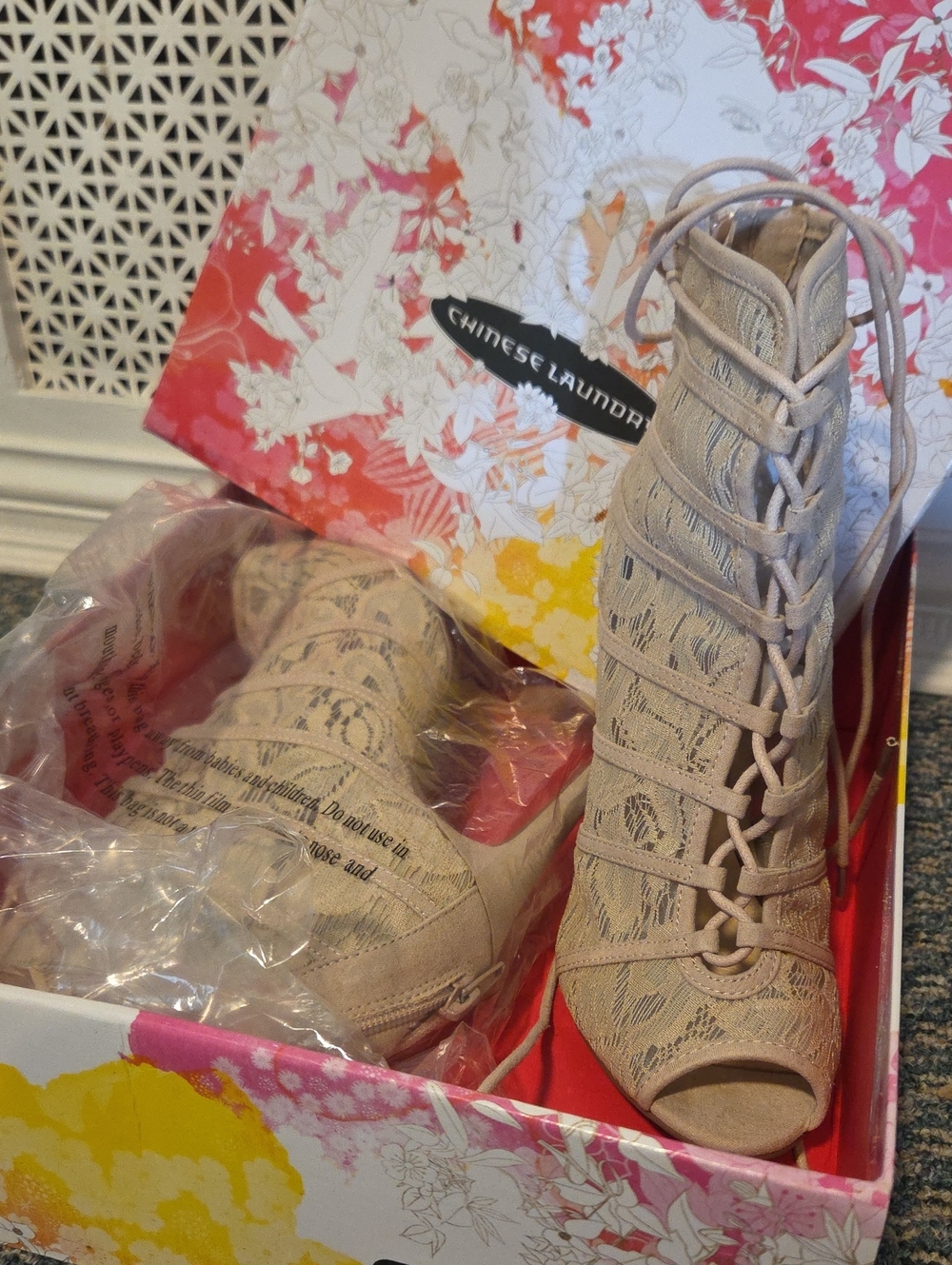 Chinese Laundry Women's Lace-Up Peep Toe Bootie in Beige